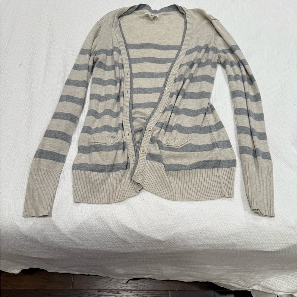 Aeropostale Gray and Cream Striped Cardigan Sweater